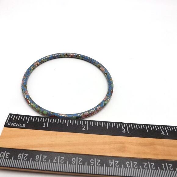 Vintage Cloisonne Floral Bangle Bracelet, Blue Pink Enamel, 7 3/4 Inch, 1960s - Picture 6 of 6